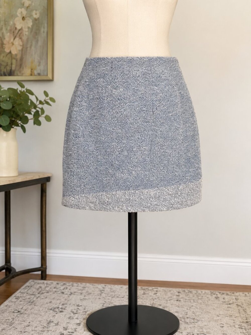 Elie Tahari Tweed Pencil Skirt Blue White Lined Career Office Chic Women's